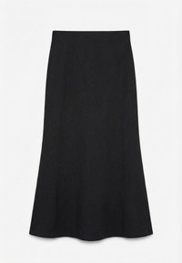 Μαύρη φούστα α γραμμή με ψηλή μέση, κατασκευασμένη από απλό, λείο ύφασμα χωρίς ορατά σχέδια ή διακοσμήσεις.