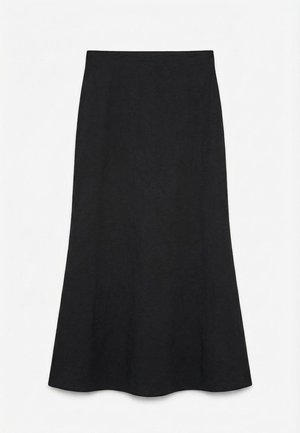 Svart A-formet skjørt med høyt liv, laget av enkelt og glatt stoff uten synlige mønstre eller pynt.