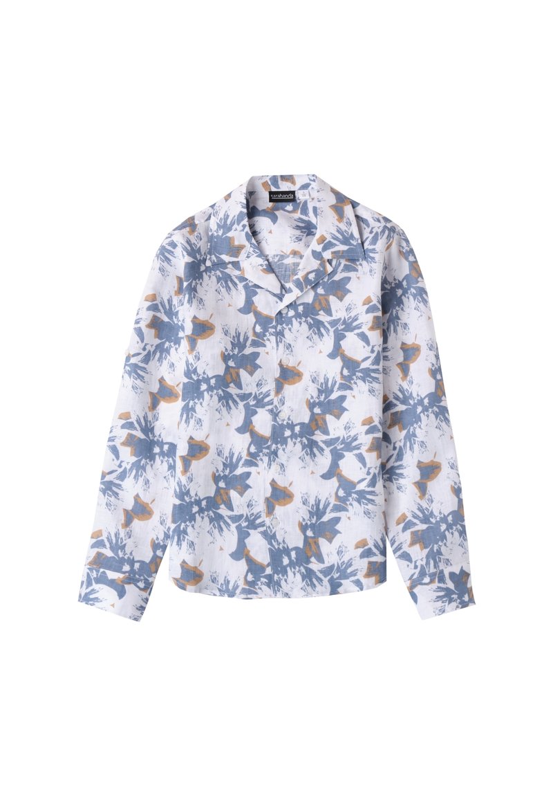 Camicia a maniche lunghe in tessuto leggero, con base bianca e motivi floreali blu e arancioni, colletto a punte e vestibilità rilassata.