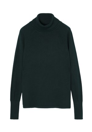 Pulover tricotat de culoare verde închis, cu guler înalt, mâneci lungi, guler cu nervuri și cusături raglan. Are un finisaj moale și texturat.