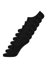 Schwarze Knöchelsocken aus einem weichen, dehnbaren Material. Unsichtbares Design mit abgerundeten Kanten. Mit subtiler Markenkennzeichnung in Grün an der Sohle.