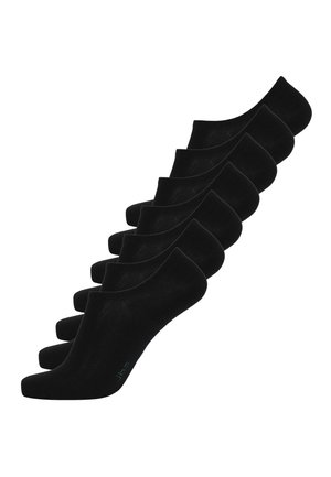 Schwarze Knöchelsocken aus einem weichen, dehnbaren Material. Unsichtbares Design mit abgerundeten Kanten. Mit subtiler Markenkennzeichnung in Grün an der Sohle.
