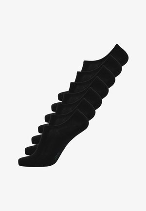 Schwarze Knöchelsocken aus einem weichen, dehnbaren Material. Unsichtbares Design mit abgerundeten Kanten. Mit subtiler Markenkennzeichnung in Grün an der Sohle.