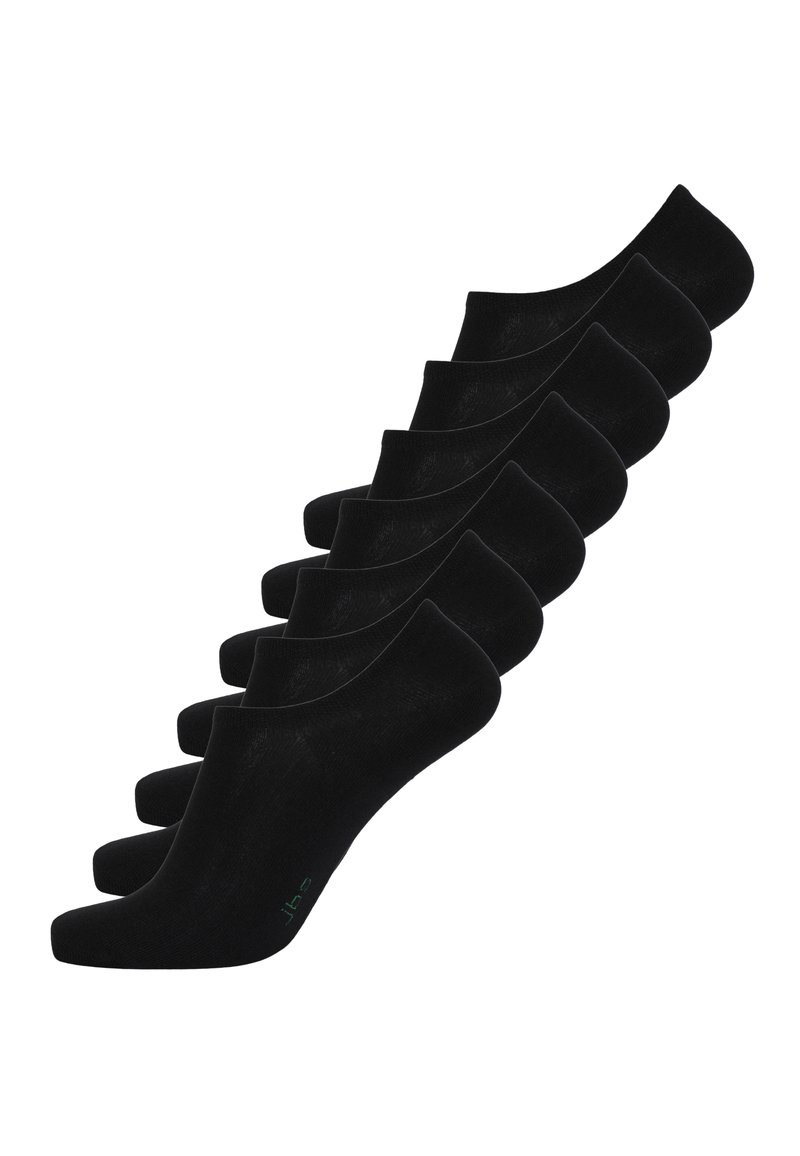 Schwarze Knöchelsocken aus einem weichen, dehnbaren Material. Unsichtbares Design mit abgerundeten Kanten. Mit subtiler Markenkennzeichnung in Grün an der Sohle.