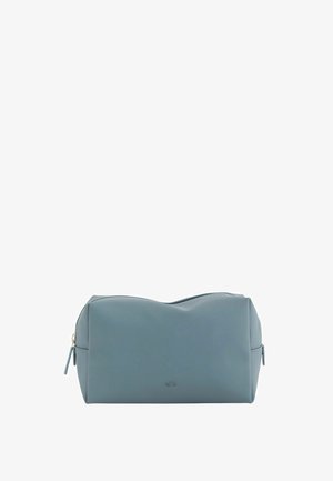 Rechteckige, hellblaue Kosmetiktasche aus Leder mit silbernem Reißverschluss und kleinem, geprägt Logo zentriert auf der Vorderseite.