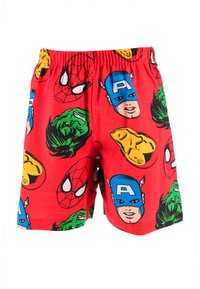 Red shorts made of cotton featuring comic book character faces, including superheroes. Elastic waistband and vibrant, multi-colored print.
