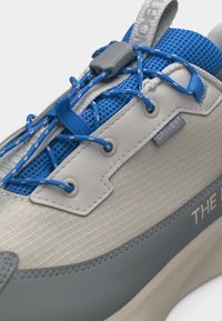 Κοντινή λήψη ενός μπεζ και γκρι αθλητικού παπουτσιού με γλώσσα από μπλε δίχτυ, μπλε κορδόνια με γκρι όγκο και μια μικρή ετικέτα υφάσματος "DRYVENT" στο πλάι.