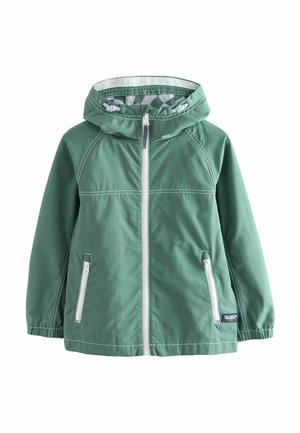 Grüne wasserdichte Jacke mit Kapuze, Frontreißverschluss und zwei Seitentaschen. Verfügt über weiße Nähte und elastische Bündchen für eine enge Passform.