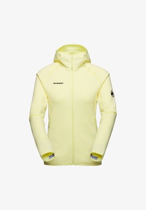 Lys gul zip-up hoodie lavet af blødt stof. Har hætte, sidelommer og logo på brystet. Strækbare manchetter med tommelfingerhuller.