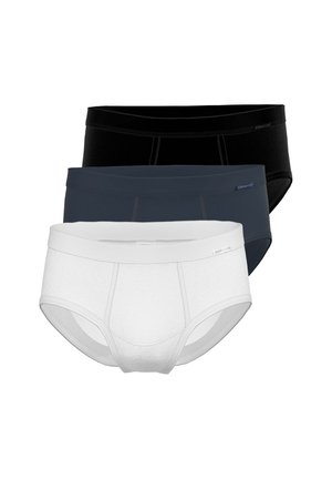 Three men's briefs in black, dark blue, and white stacked on a white background.