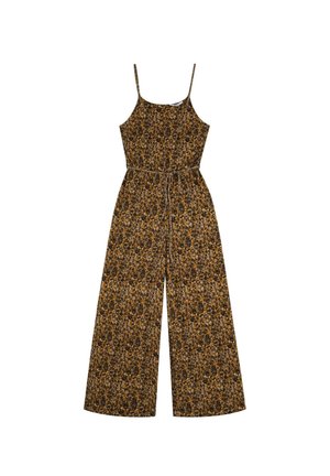 Blumiger Jumpsuit mit dünnen Trägern, Taillierung mit Bindeband, weitem Bein-Design, braun-gelbem Muster und leichtem Stoff. 