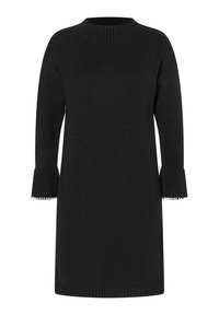 Schwarzes Strickkleid mit einem gerippten Rundhalsausschnitt und drei Viertelärmeln. Verfügt über ausstellende Manschetten mit dekorativen Akzenten am Saum.