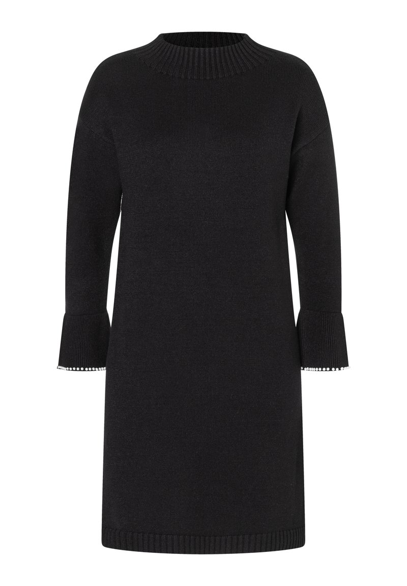 Schwarzes Strickkleid mit einem gerippten Rundhalsausschnitt und drei Viertelärmeln. Verfügt über ausstellende Manschetten mit dekorativen Akzenten am Saum.