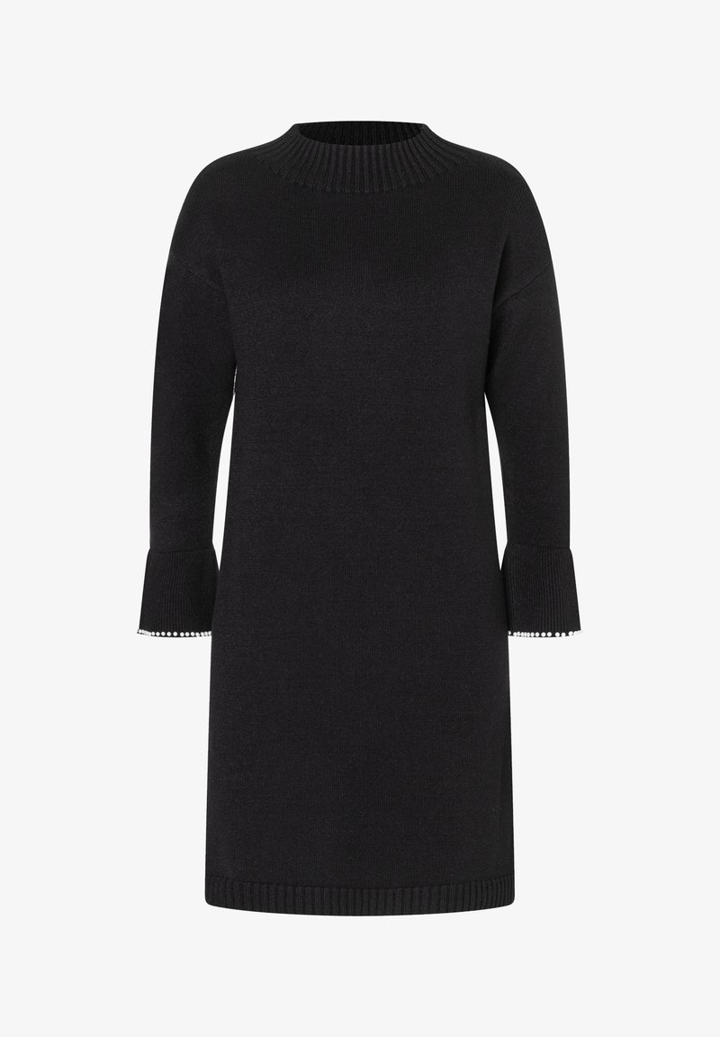 Schwarzes Strickkleid mit einem gerippten Rundhalsausschnitt und drei Viertelärmeln. Verfügt über ausstellende Manschetten mit dekorativen Akzenten am Saum.