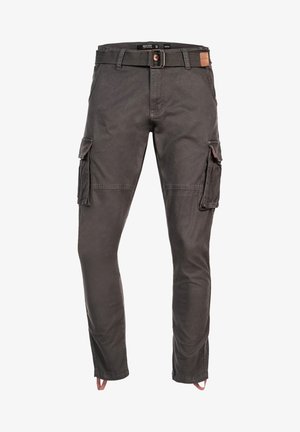 Sötétszürke pamut cargo nadrág, több oldalzsebbel, texturált felülettel és fém csatú szövet övvel. Slim fit kivitel.