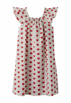 Robe blanche sans manches avec des rayures verticales bleues, des motifs en forme de cœur rouges et des détails à volants aux épaules.