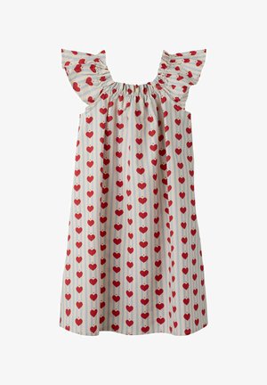 Robe blanche sans manches avec des rayures verticales bleues, des motifs en forme de cœur rouges et des détails à volants aux épaules.