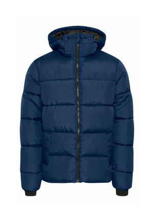 Chaqueta acolchada de color azul oscuro con capucha, que presenta un cierre frontal completo, puños acanalados y una textura acolchada para aislamiento.