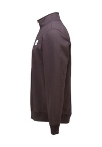 Brown zip-up sweatshirt with a high collar. Features long sleeves and a ribbed hem. Small logo on the front near the left shoulder. Soft texture.