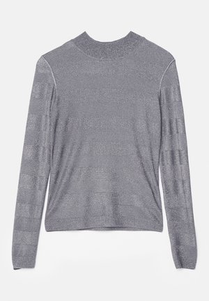 Halluks halli pikkade varrukatega sviiter, millel on ümar kaelus, sile, tekstuuriga kangas, millel on metalliline sära, ja peened horisontaalsed triibud.