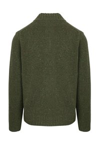 Grüner Strickpullover mit hohem Kragen, gerippten Bündchen und Saum. Verfügt über ein strukturiertes Muster mit blauen und goldenen Sprenkeln.