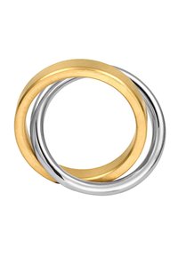 Gull- og sølvflettede ringer, med en jevn, polert tekstur og et enkelt, moderne design. Sirkulær form med kontrasterende farger.