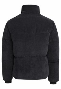 Black corduroy puffer jacket with a high collar, padded sections, and ribbed texture. Features elastic cuffs and a rounded hem.