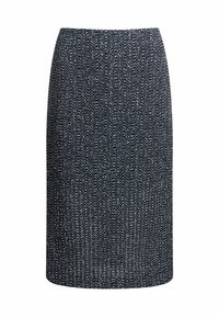 Donkerblauwe kokerrok van textiel met een subtiel wit patroon. Rechte snit, middellang, met een getailleerde pasvorm.