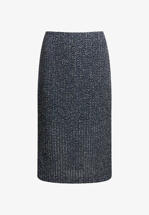 Granatowa spódnica ołówkowa wykonana z teksturowanej tkaniny z delikatnym białym wzorem. Prosty krój, midi długości, o dopasowanej sylwetce.