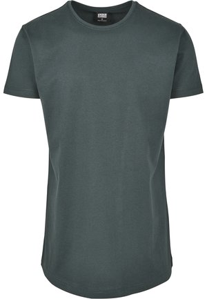 Short-sleeved t-shirt in dark gray cotton, featuring a round neckline and straight hem, with subtle stitching details on the sleeves.