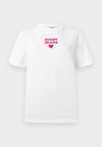White cotton t-shirt featuring a pink graphic with the text "JOOP! JEANS" and a heart, short sleeves, and a classic crew neck design.
