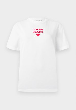 White cotton t-shirt featuring a pink graphic with the text "JOOP! JEANS" and a heart, short sleeves, and a classic crew neck design.