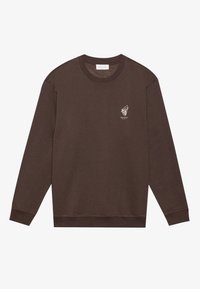 Sudadera marrón de manga larga con cuello redondo. Cuenta con un logotipo gráfico blanco en el pecho izquierdo y puños y dobladillo acanalados. Textura de tela suave.
