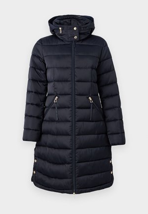 Piumino blu navy con cappuccio, dotato di zipper frontale, due tasche con zip, polsini elasticizzati e bottoni laterali per una vestibilità regolabile.