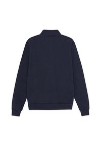Felpa blu navy con colletto, maniche lunghe e orlo a costine. Realizzata in tessuto morbido, presenta una superficie liscia e un design minimale.