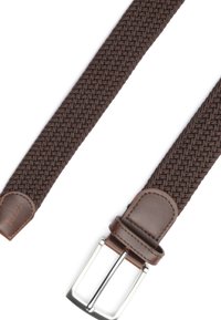 Woven brown fabric belt with a textured finish, featuring a silver metal buckle and brown leather accents at both ends.