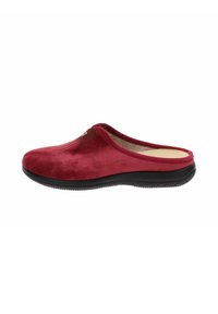 Pantofole rosse da uomo con suola nera e tomaia in morbido tessuto, progettate per il comfort indoor.