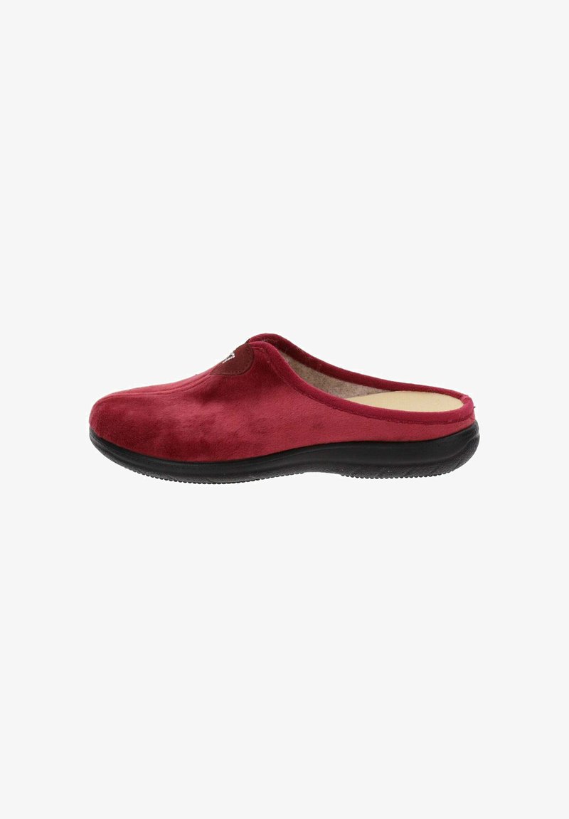 Pantofole rosse da uomo con suola nera e tomaia in morbido tessuto, progettate per il comfort indoor.