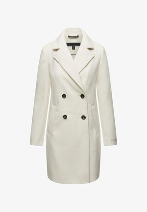 Bijela dvostrana jakna od teksturirane tkanine, s velikim crnim gumbima, reverima i bočnim džepovima, uz naglasak "Nava" na rukavu.