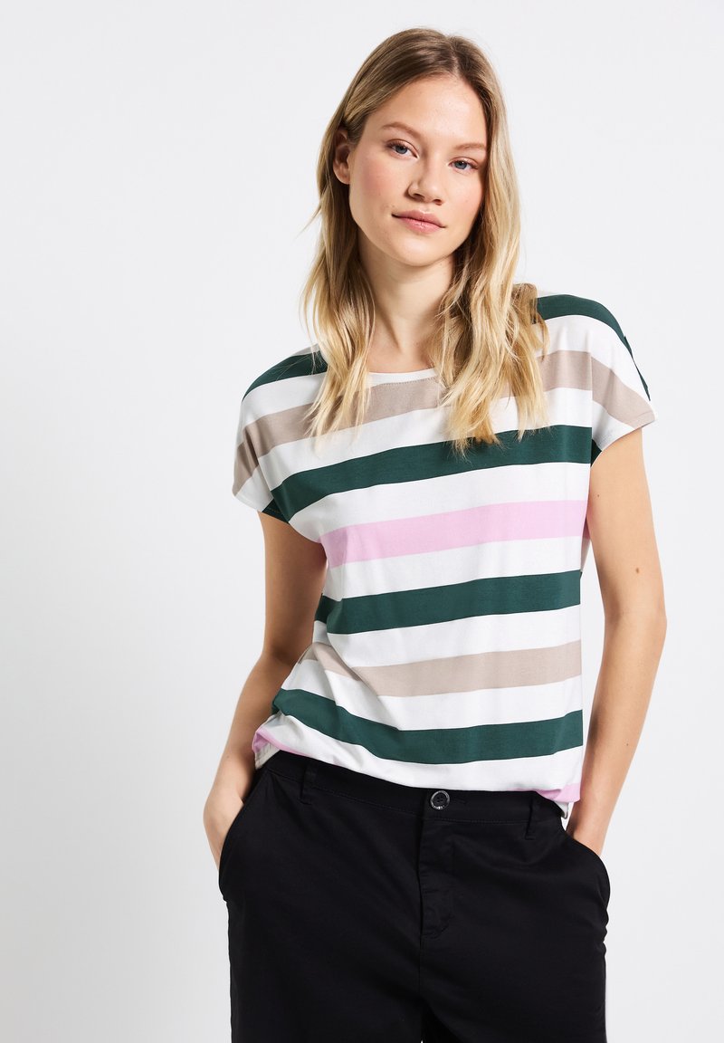 Top a maniche corte a righe con strisce orizzontali verdi, beige, bianche e rosa; tessuto morbido con scollo rotondo e vestibilità rilassata.