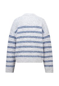 Grauer Pullover mit horizontalen Streifen in Marineblau und Hellblau. Er verfügt über einen Rundhalsausschnitt und einen gerippten Saum mit einer strukturierten, gestrickten Optik.