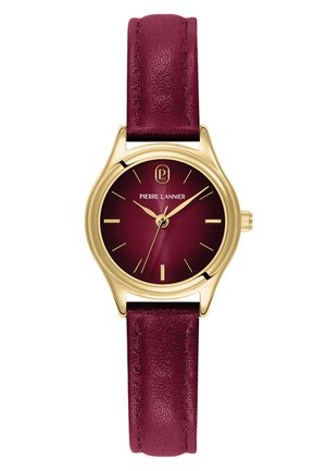 Orologio rotondo dorato con quadrante color bordeaux e cinturino in pelle, indici orari dorati minimalisti, nome del marchio Pierre Lannier sul quadrante, orario impostato alle 10:10:35.