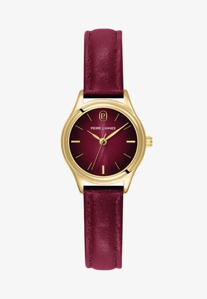 Zlata okrogla ura z bordo številčnico in usnjenim paščkom, minimalnimi zlatimi označevalci ur, znamka Pierre Lannier na številčnici, prikazan čas 10:10:35.