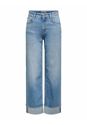 Lyseblå denimjeans med vide ben, opsmøgede manchetter, forlommer og en knaplukning med mærket "ONLY" ved linningen.