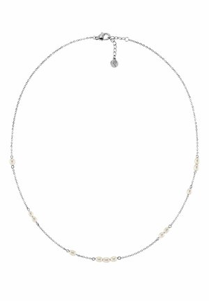 Delikatny srebrny naszyjnik z łańcuszkiem z małymi, równomiernie rozmieszczonymi białymi perłami oraz zapięciem typu karabińczyk z regulowanym łańcuszkiem.