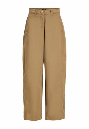 Pantalon khaki droit avec passants de ceinture, bouton avant, fermeture éclair et poches latérales, présenté sur fond blanc.