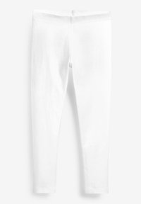 Leggings bianchi realizzati in cotone morbido e stretch. Presentano un design a lunghezza totale con un elastico in vita e senza motivi o accessori visibili.