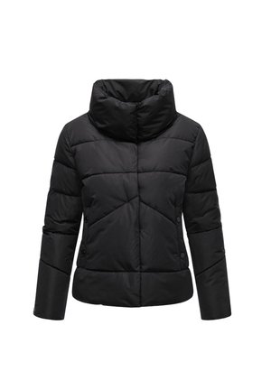 Chaqueta de plumas negra con cuello alto, diseño acolchado, bolsillos laterales con cierres de botón y silueta recortada.