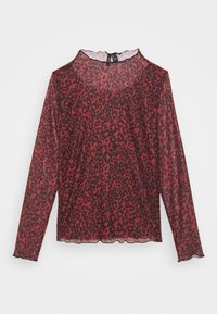 Röd genomskinlig långärmad topp med ett svart leopardmönster, med en vågig fåll och rundad halsringning för en avslappnad passform.