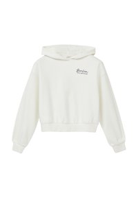 Weißer, kürzer geschnittene Hoodie aus weichem Stoff, mit einer verstellbaren Kapuze und einem kleinen, dunkelblauen Text "Berlin ist mein glücklicher Ort" auf der Vorderseite.